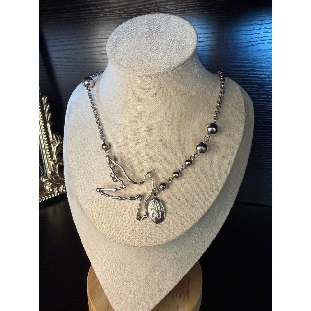 Tutti Frutti Silver Tone Dove Pendant Ball Bead Long Necklace 35 Inch